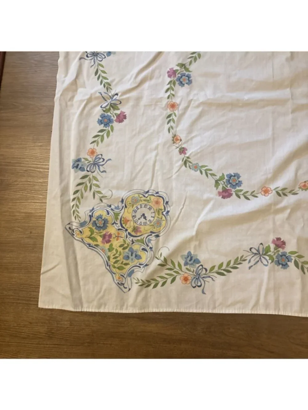 vintage cotton tablecloth Clocks Yellow And Blue 46 X 42